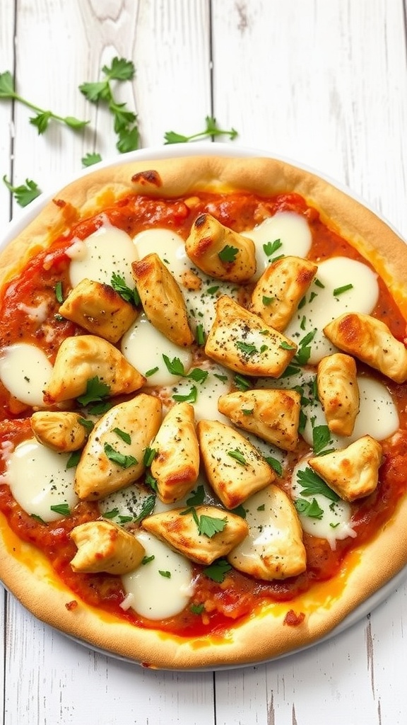 Delicious creamy ranch BBQ chicken pizza topped with cheese and fresh herbs.