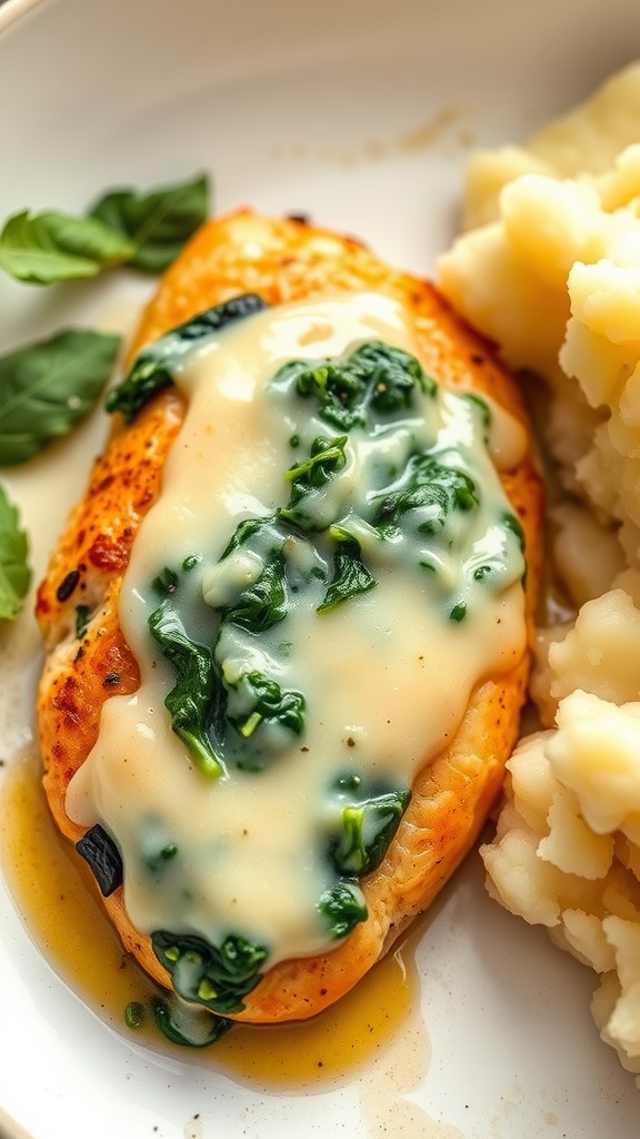 Creamy Spinach and Cheese Stuffed Chicken with mashed potatoes