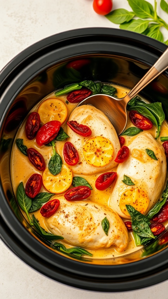 A bowl of Creamy Tuscan Chicken with chicken breasts, sun-dried tomatoes, and fresh spinach.