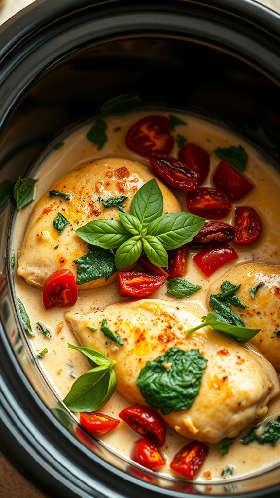 A delicious creamy Tuscan chicken dish made in a crockpot.