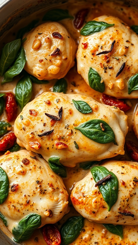 A dish of creamy Tuscan chicken thighs garnished with basil and sun-dried tomatoes.