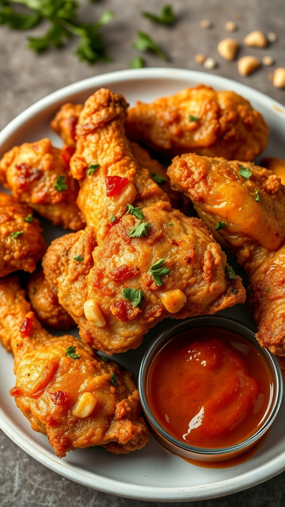 Crispy air fryer fried chicken served on a plate with dipping sauce