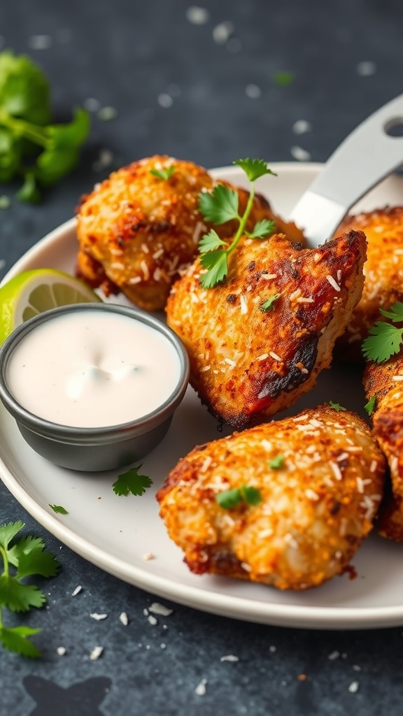 Plate of crispy coconut chicken thighs with dipping sauce