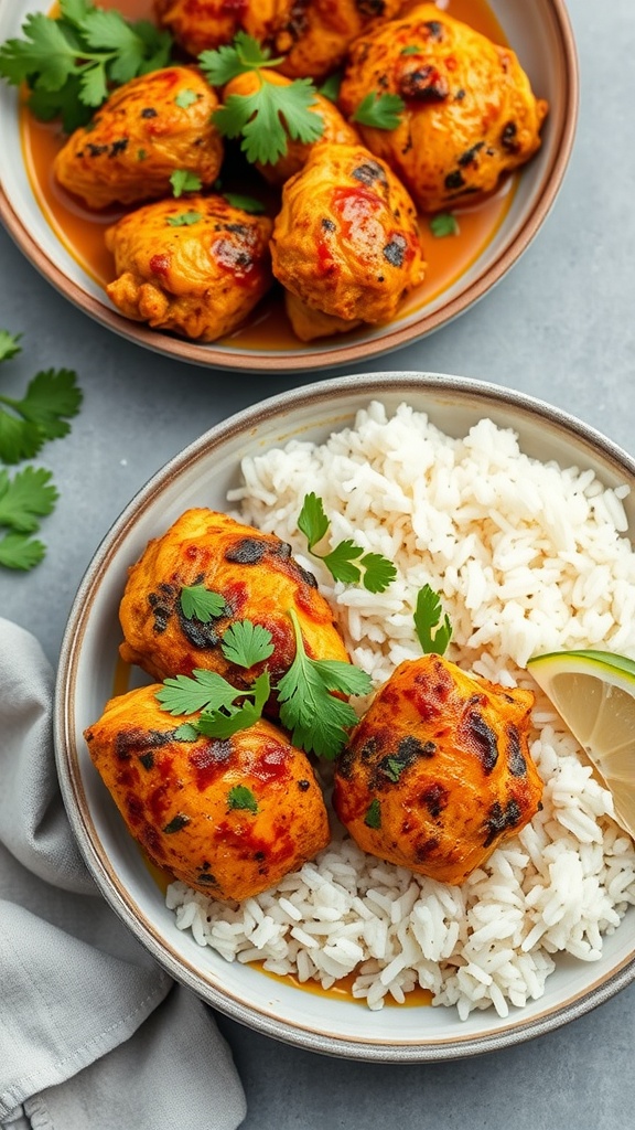 Crispy Coconut Curry Chicken Thighs served with rice and garnished with cilantro