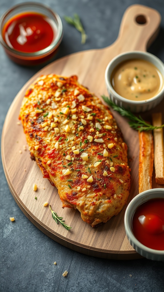Crispy Parmesan Chicken Breast served on a wooden platter