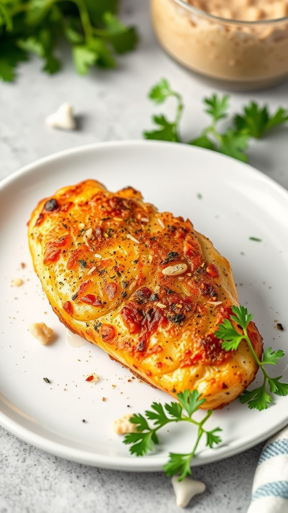 Crispy Parmesan Herb Chicken on a plate garnished with herbs