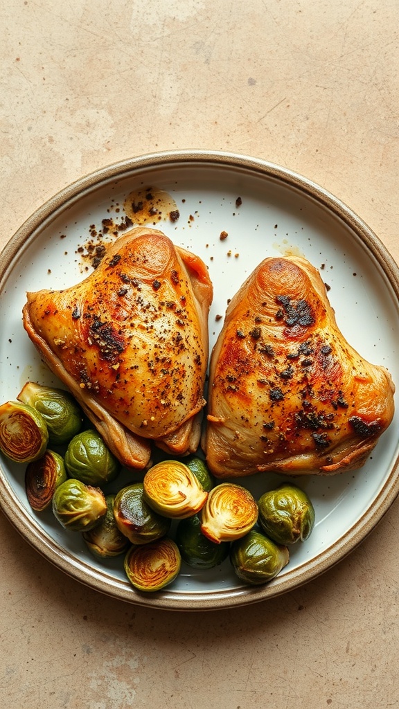 Crispy skin baked chicken thighs served with brussel sprouts.