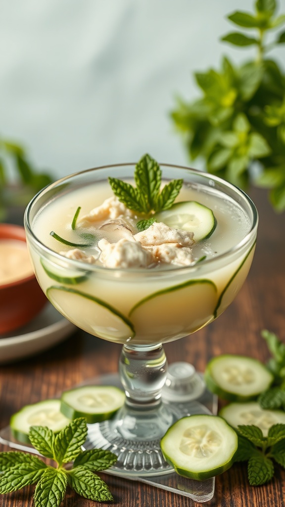 A bowl of refreshing cucumber mint chicken soup garnished with mint leaves.