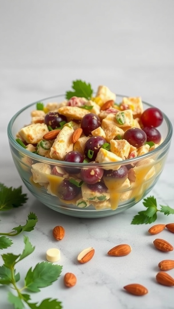 A bowl of curried chicken salad with grapes and almonds, garnished with fresh herbs.