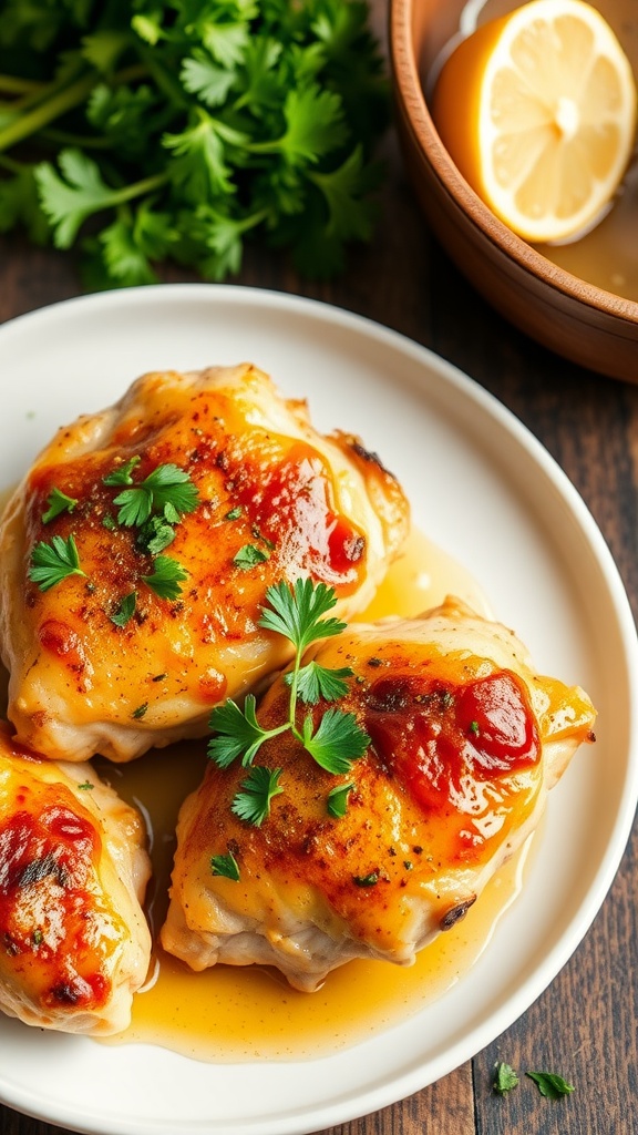 Plate of garlic butter baked chicken thighs garnished with parsley.