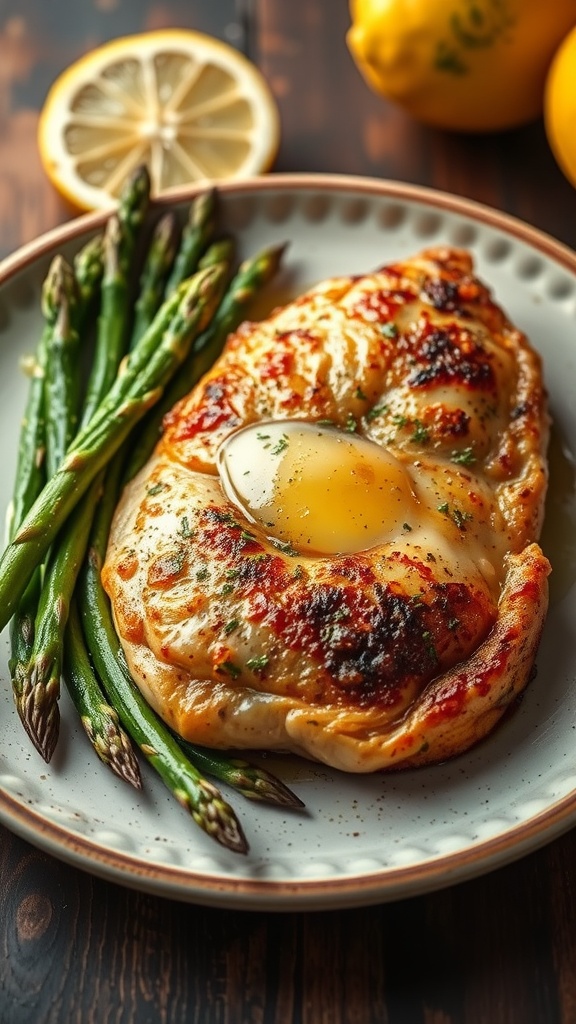 A plate of garlic butter baked chicken with asparagus, garnished with lemon.