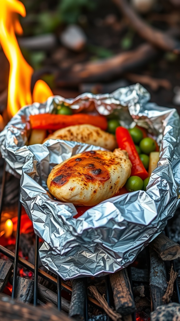 Garlic butter BBQ chicken in foil with colorful vegetables.