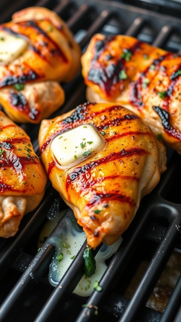 Grilled chicken thighs with garlic butter on a grill.