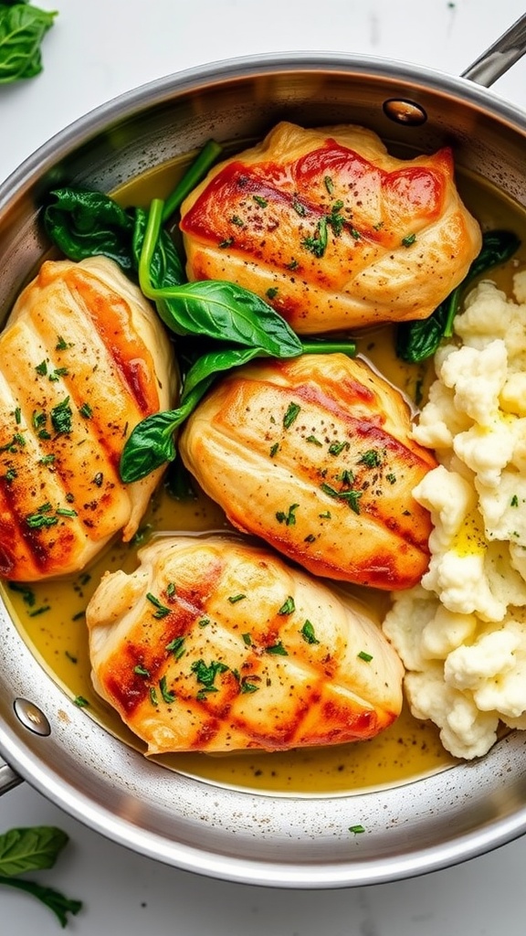 A close-up of seared chicken breasts in a pan with garlic butter sauce and spinach.