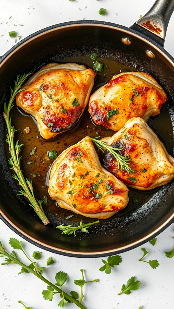 Garlic Herb Butter Chicken Thighs in a skillet garnished with parsley