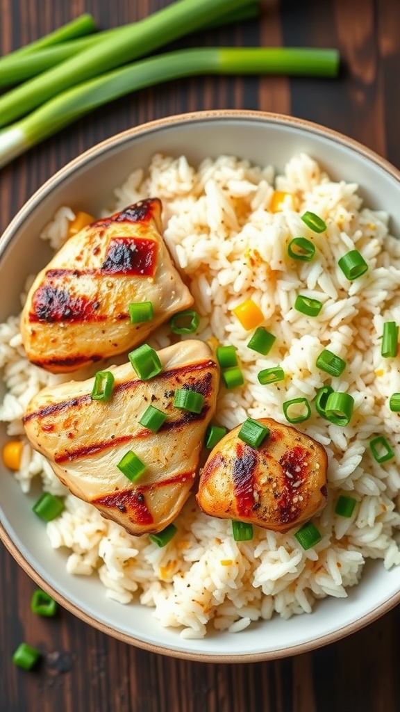 A bowl of grilled garlic lemon chicken served over rice, garnished with green onions.