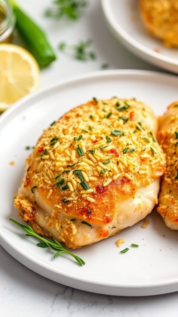 Crispy Garlic Lemon Parmesan Chicken Thighs served with lemon slices