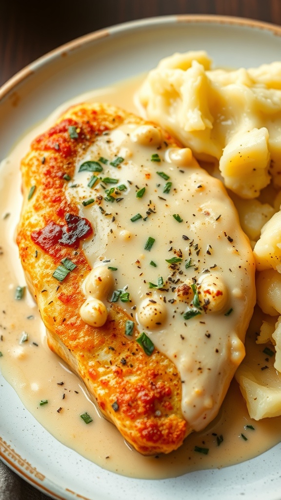 A plate of Garlic Parmesan Chicken served with mashed potatoes.