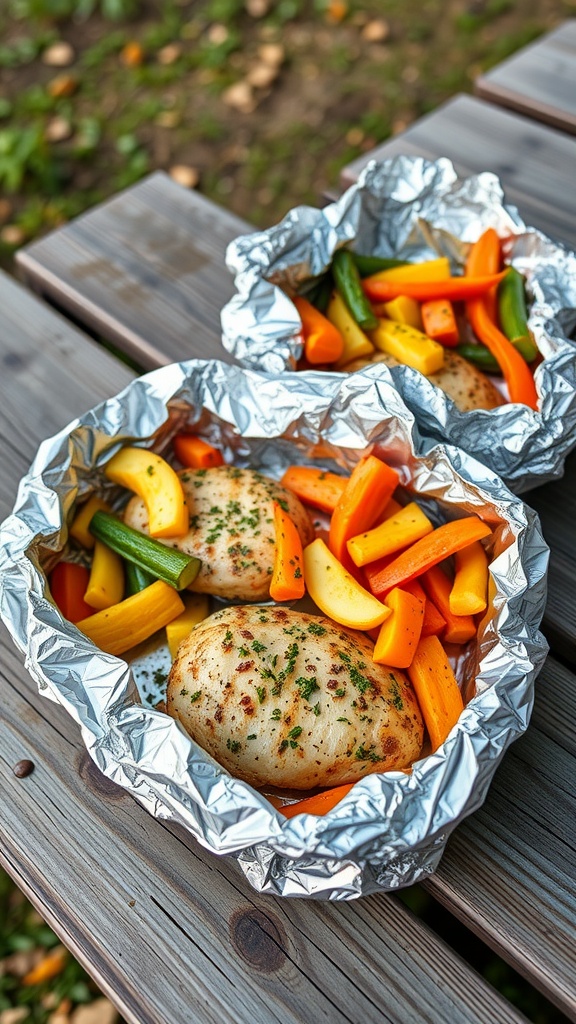 Foil packets filled with chicken and colorful vegetables on a wooden surface.