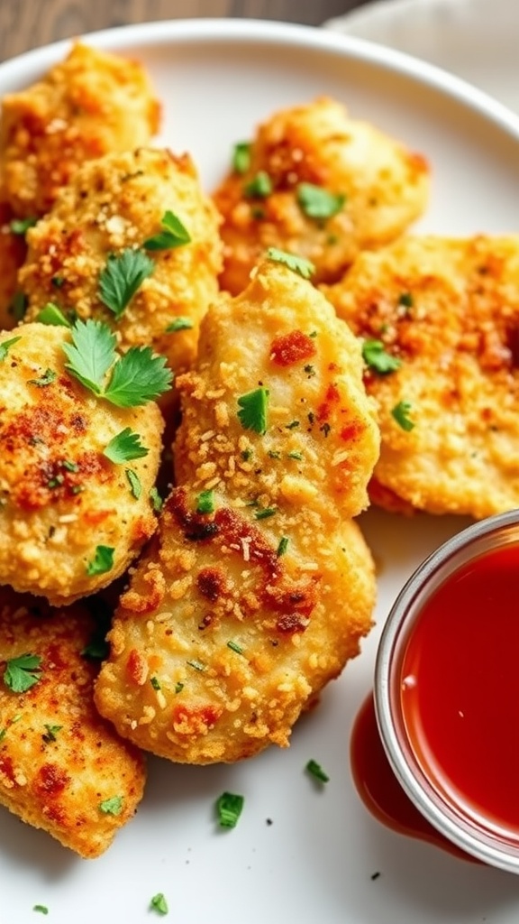 Crispy garlic parmesan chicken strips served with a dip.