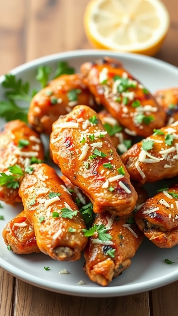 A plate of crispy garlic parmesan chicken wings garnished with parsley