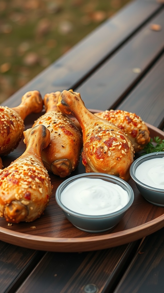 Garlic Parmesan Crusted Chicken Drumsticks served with dipping sauce