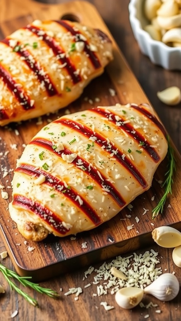 Grilled chicken breasts garnished with garlic and Parmesan