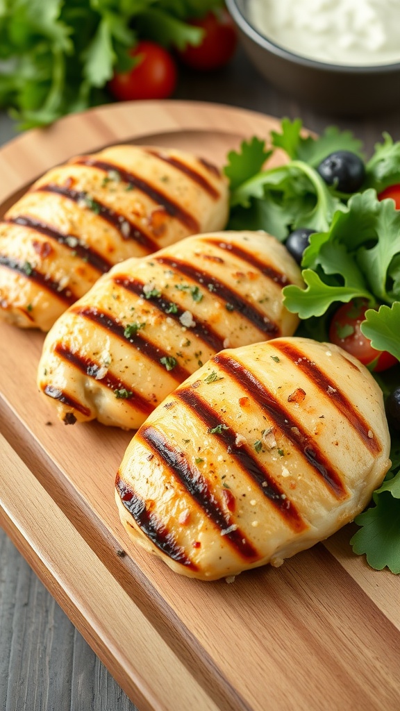 Garlic Parmesan Grilled Chicken Breasts on a wooden plate with fresh greens