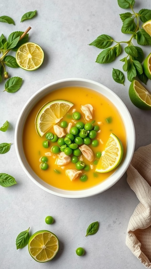 A bowl of Ginger Lime Chicken Soup with peas and lime slices