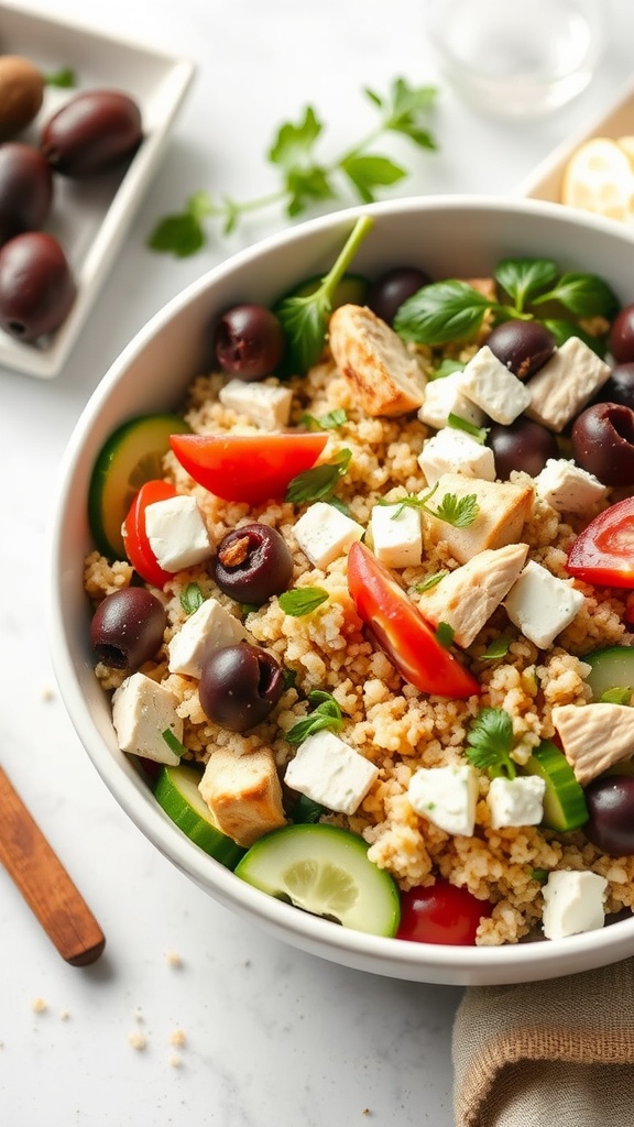 A bowl of Greek Chicken Quinoa Salad with colorful vegetables and feta cheese.