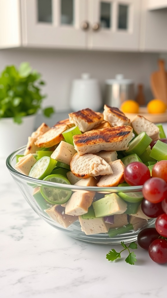 A large bowl of Greek Yogurt Chicken Salad with diced chicken, celery, and grapes.