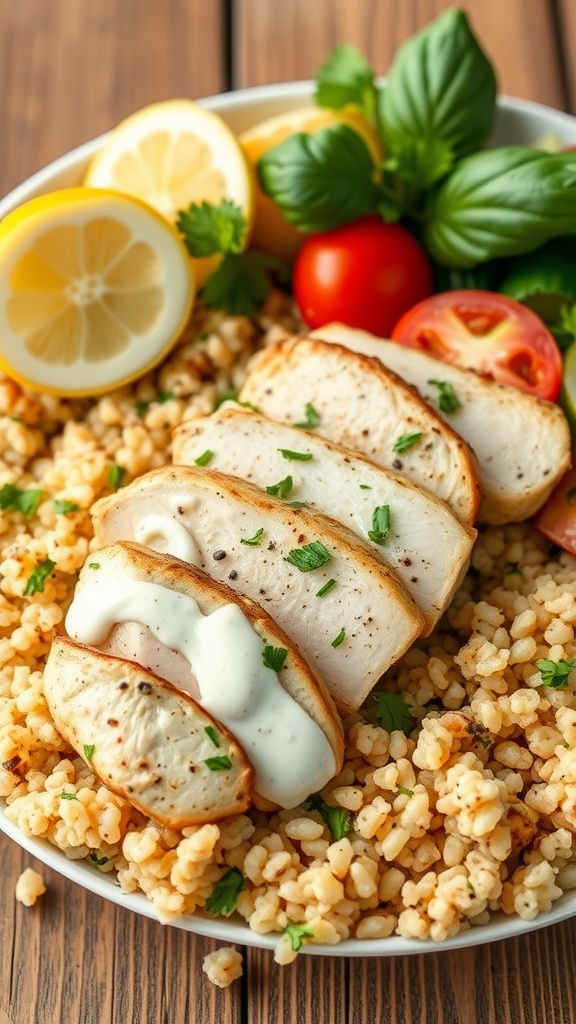 Plate of Greek yogurt marinated chicken served on quinoa with parsley and lemon slices.