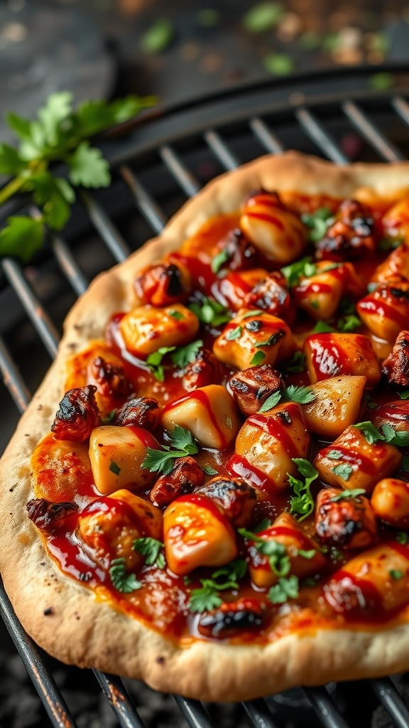 Grilled BBQ Chicken Pizza topped with fresh herbs and BBQ sauce.