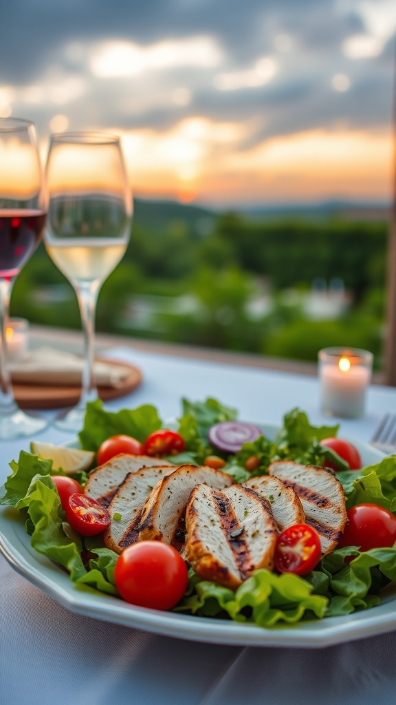 A delicious grilled chicken salad served with fresh vegetables