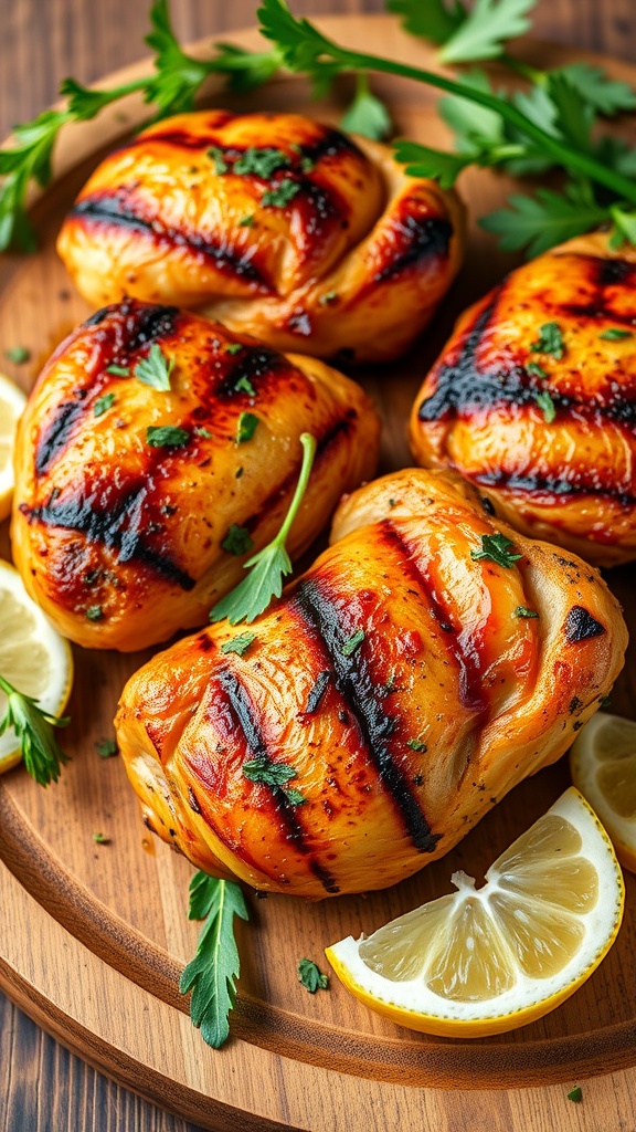 Grilled Herb-Marinated Chicken Thighs with lemon and parsley on a wooden platter.