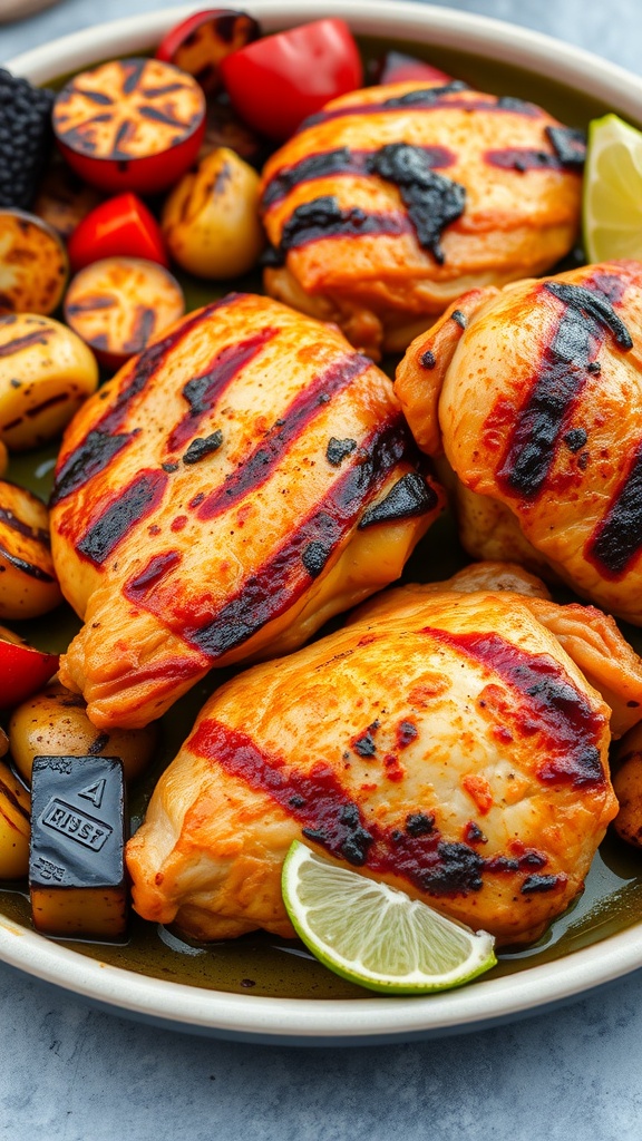 Grilled chicken thighs with vegetables on a plate