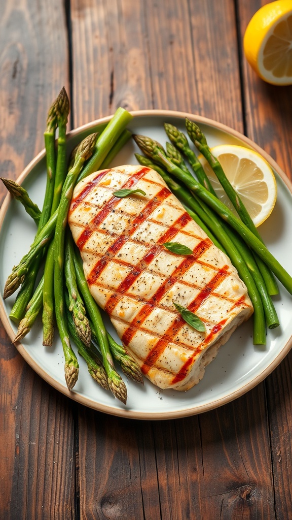 Grilled lemon herb chicken breast with asparagus on a plate.