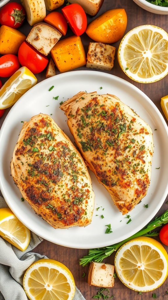 Herb-Crusted Air Fryer Chicken Breasts served with lemon and vegetables
