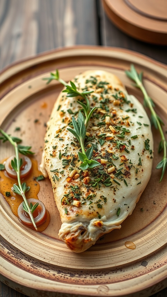 Herb-Crusted Baked Chicken Breast with parsley and thyme seasoning on a wooden plate.