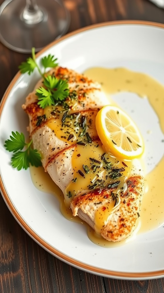 A plate of herb-crusted chicken with lemon butter sauce, garnished with herbs and lemon slices.