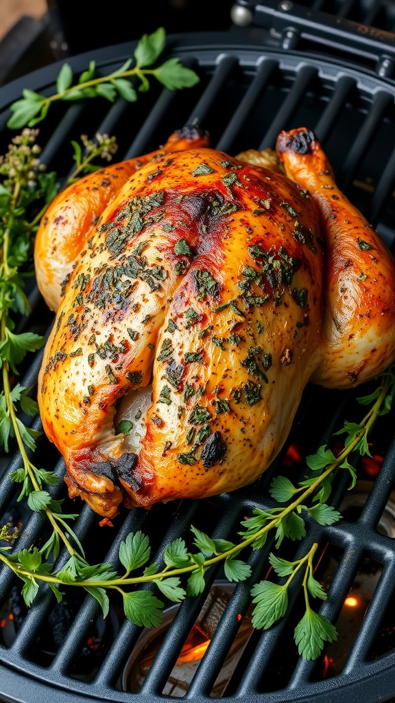 Herb-marinated grilled turkey breast on the grill with herbs