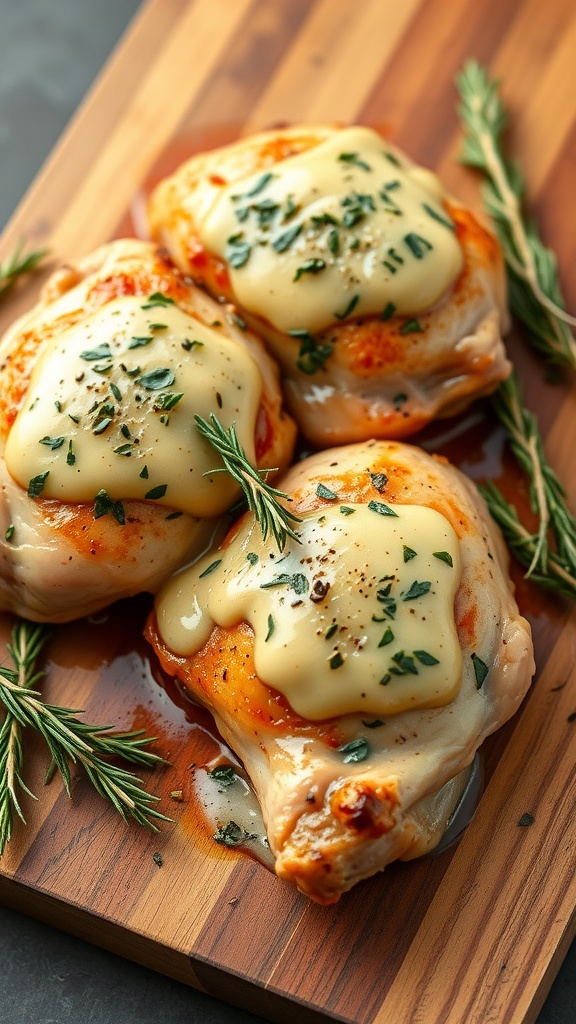 Herb and Garlic Butter Baked Chicken Thighs on a wooden board