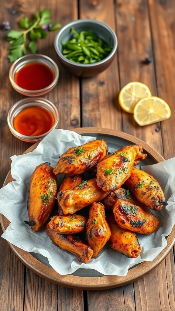 Grilled chicken wings served on a wooden platter with lemon and herbs.