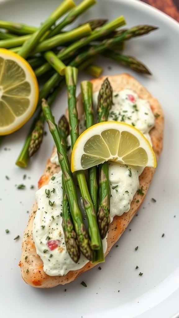Stuffed chicken breast with cream cheese and asparagus served on a plate.