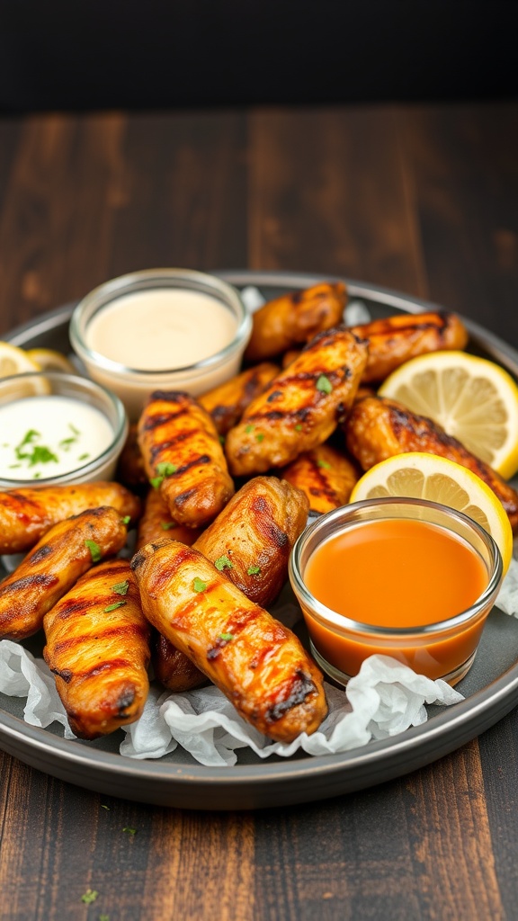 Herbed lemon grilled chicken wings served with lemon slices and dipping sauce