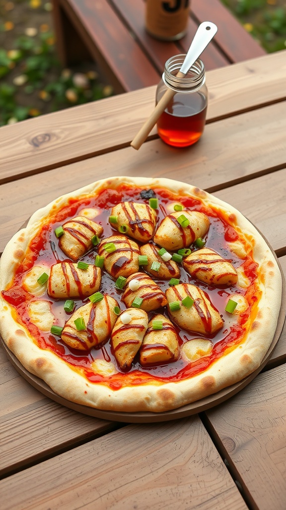 A delicious Honey Garlic BBQ Chicken Pizza with melted cheese and fresh green onions.
