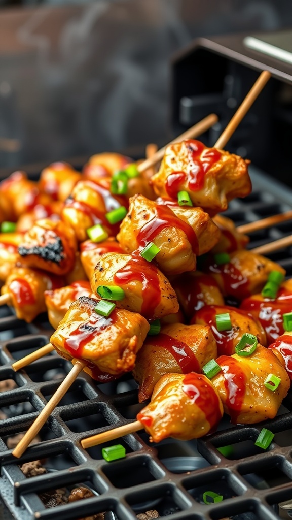 Delicious honey garlic chicken skewers garnished with green onions