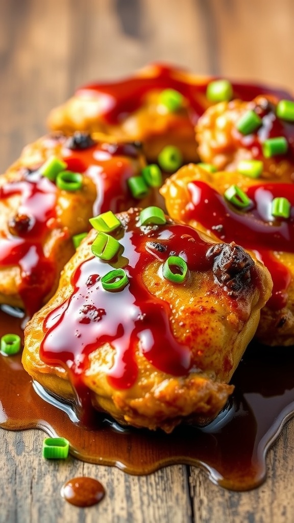 Delicious honey garlic chicken thighs garnished with green onions.