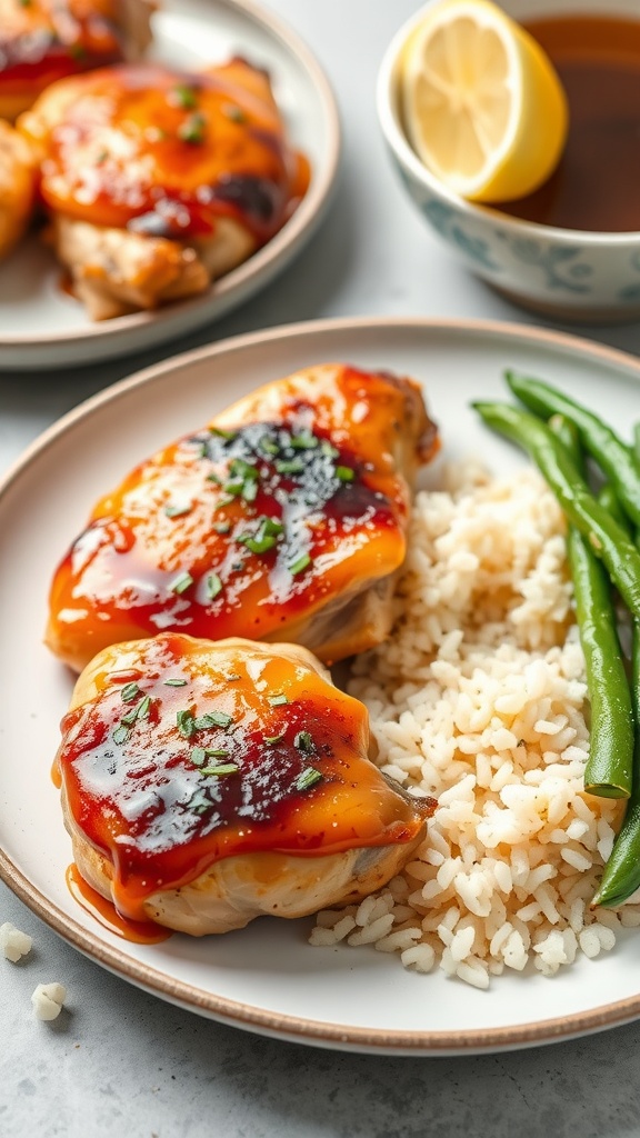 A plate of honey garlic chicken thighs served with rice and green beans.
