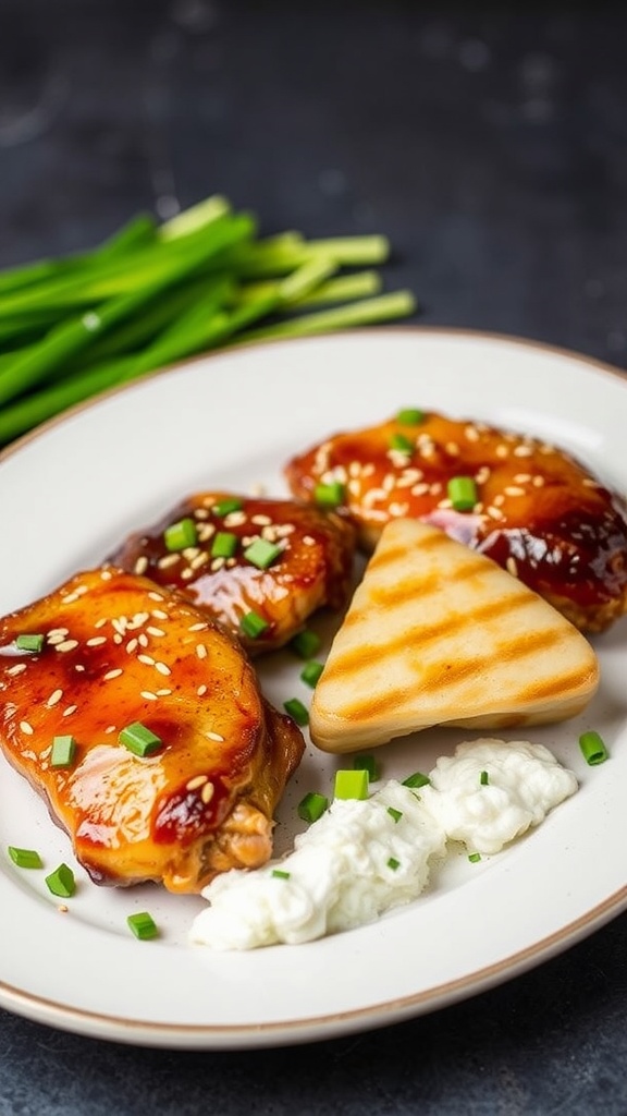 Delicious honey garlic chicken thighs served with garnishes.